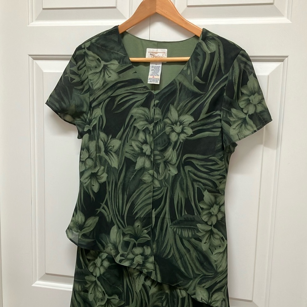 Sears Tradition vintage long dress chiffon flowy floral pattern, green/black - Picture 4 of 13